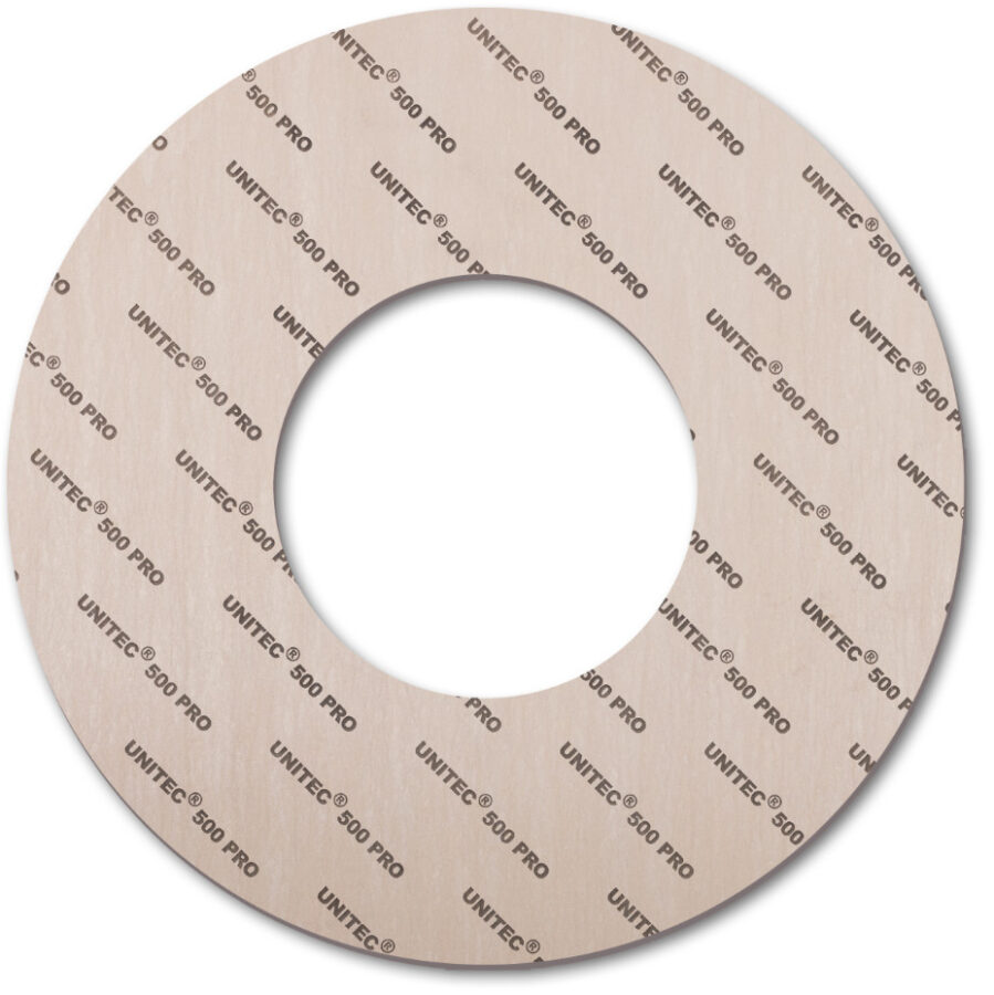 Eine kreisförmige Flachdichtung aus dem Material „UNITEC® 500 PRO“, die als technisches Bauteil dient wird gezeigt.