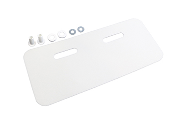 Eine große weiße Kunststoffplatte mit zwei länglichen Grifföffnungen wird zusammen mit passenden Montagekleinteilen gezeigt.